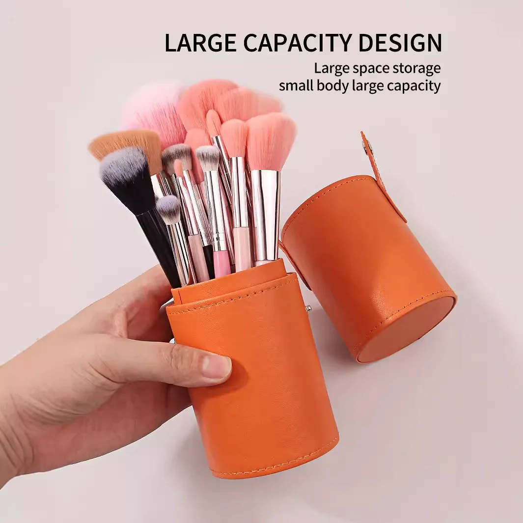 Make-upborstelhouder van PU-leer met grote capaciteit - Draagbare cosmetische organizer voor penselen en wenkbrauwpotloden (oranje)
