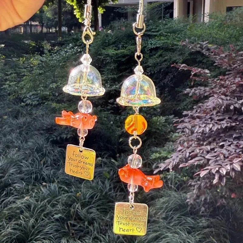 1/2Pcs Resin Goldfish Wind Chime for Car Mirror Hanging Ornament Transparent Fish Pendant Japanese Healing Decor Window Backpack
