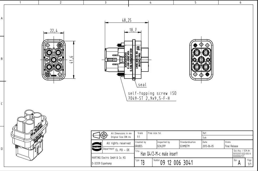 09120063041 HARTING Heavy Duty Connector Harding Aviation Plug 4-pin Han Q4/2-M