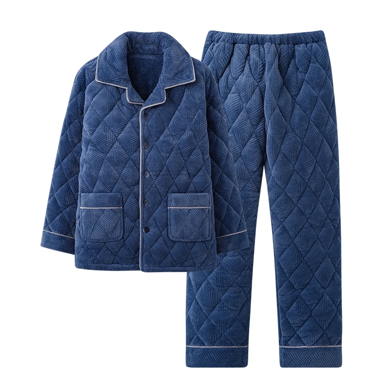 Winter Three Layers Quilted Pajamas Men Long Sleeved Coral Fleece Warm Soft Flannel Pyjamas Mens Lounge Solid Color Pajamas Set
