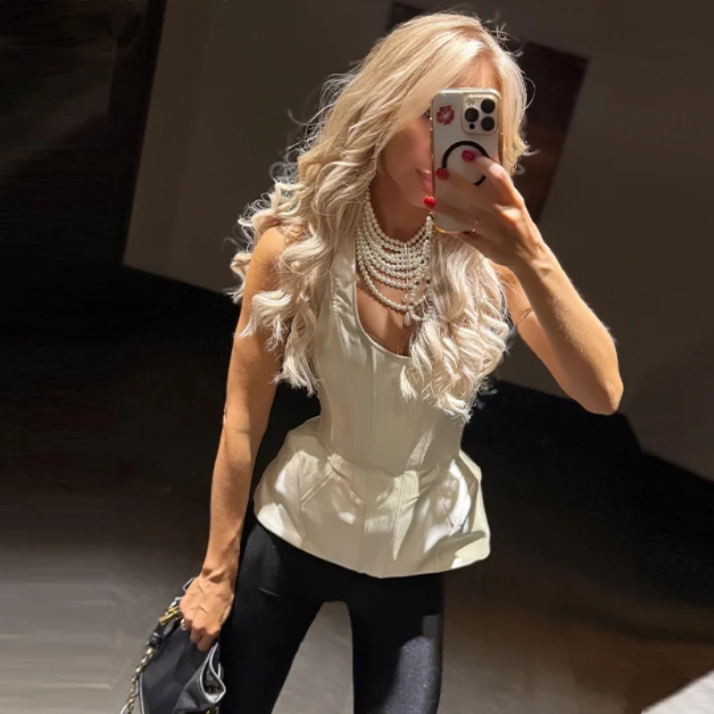 

Элегантный однотонный облегающий топ с открытой спиной и бретелями-халтер, без рукавов, новинка 2026 года, в стиле Y2K, корсетный топ, шикарная женская одежда