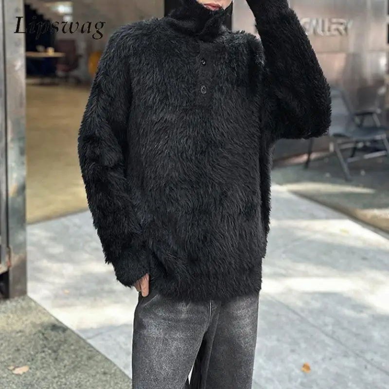 Y2K Style Furry Fleece Sweaters Mens Vintage Button Turtleneck Knitted Jumper Tops Men 2025 Spring New Fashion Knitting Sweater