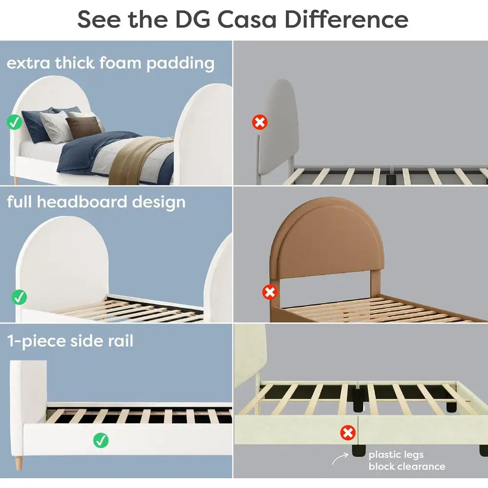 Cream White Fabric Arched Daybed with Twin Platform Bed, Boho-Chic Style, Solid Wood Legs, No Box Spring Needed