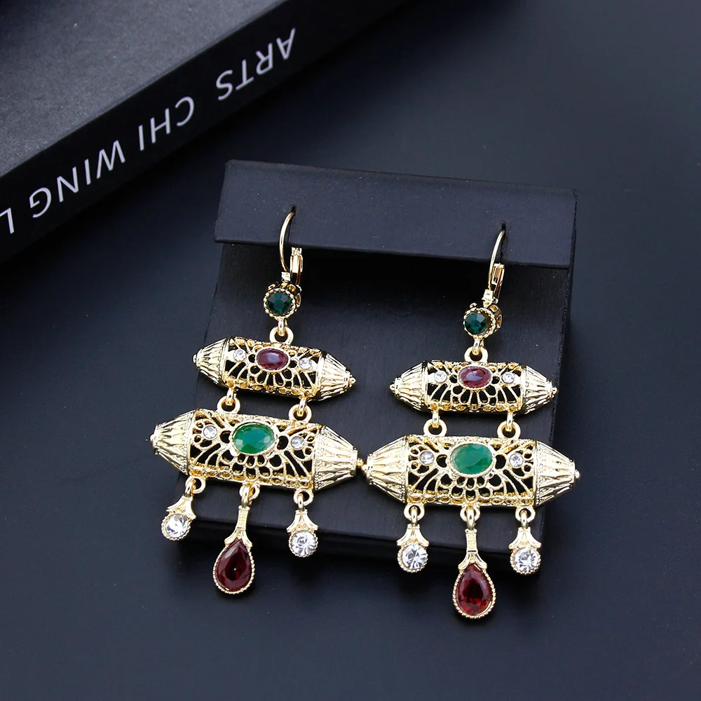 Sunspicems Chic Women Drop Earring Morocco Bride Jewelry Gold Color Long Geometric Earring Arab Algeria Traditional Art Bijoux