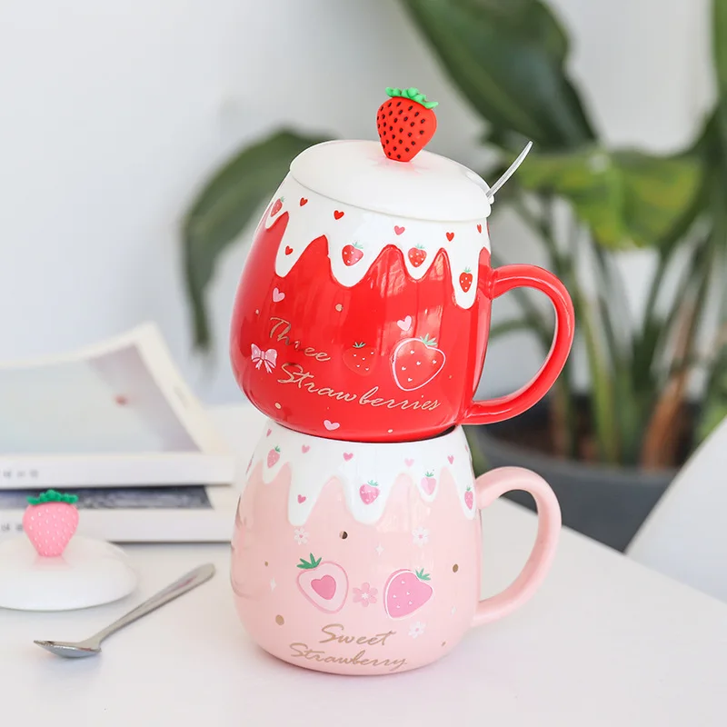 Fruit Strawberry Ceramic Mugs Pink Girl Heart Art Small Fresh Water Bottle Office Business Belly Cup Cute Coffee Drinkware Mug