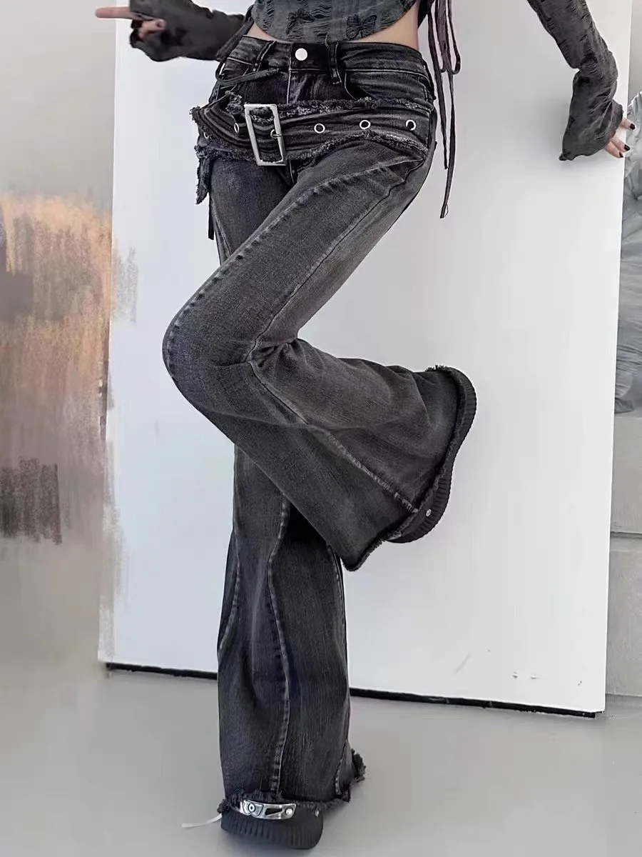 Jeans micro-flare retrò da donna 2025 Autunno Streetwear Cintura con setole Pantaloni vintage slim Pantaloni in denim dritti da strada