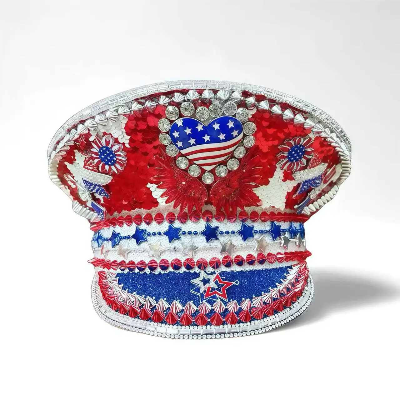 HongLuan Cappello da capitano con anello in pelle laser giallo con strass e berretti militari per donna, accessori per festival rave e berretto da festa da uomo