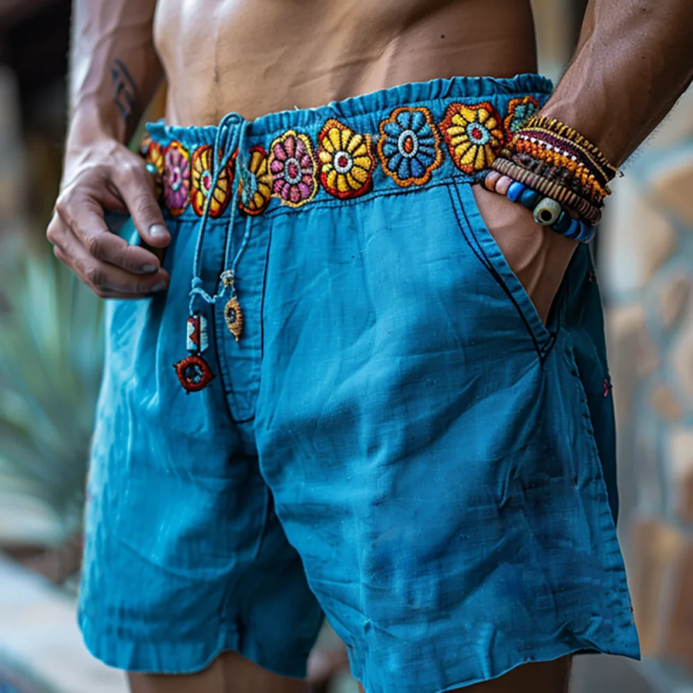 Men\'s Short Pants Vintage Ethnic Casual Linen Shorts Fashion Flowers Printing Drawstring Male Shorts Daily Outdoor Sports Pants