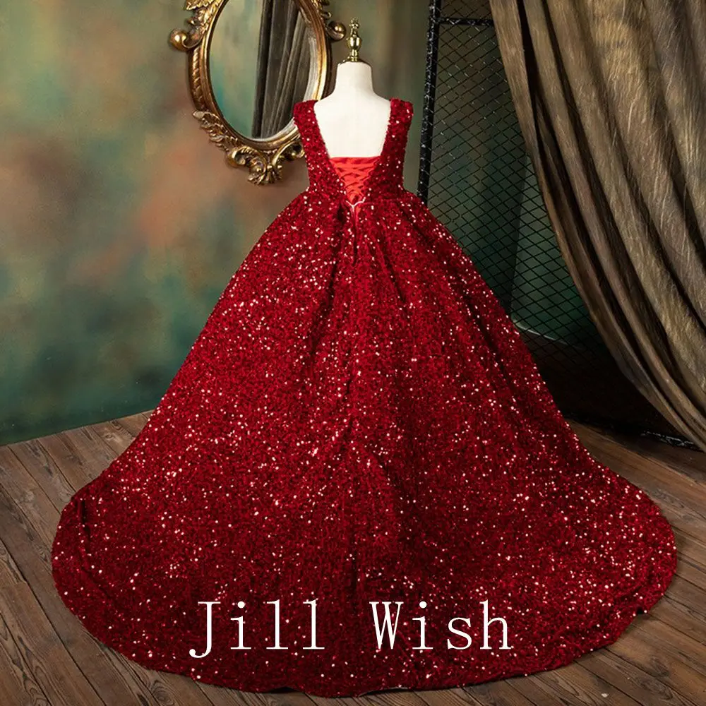 Jill Wish J087 Luxuriöses glänzendes Dubai-Mädchenkleid mit V-Ausschnitt in Burgunderrot, arabisches Prinzessinnenkleid für Kindergeburtstag, Hochzeit, Festzug