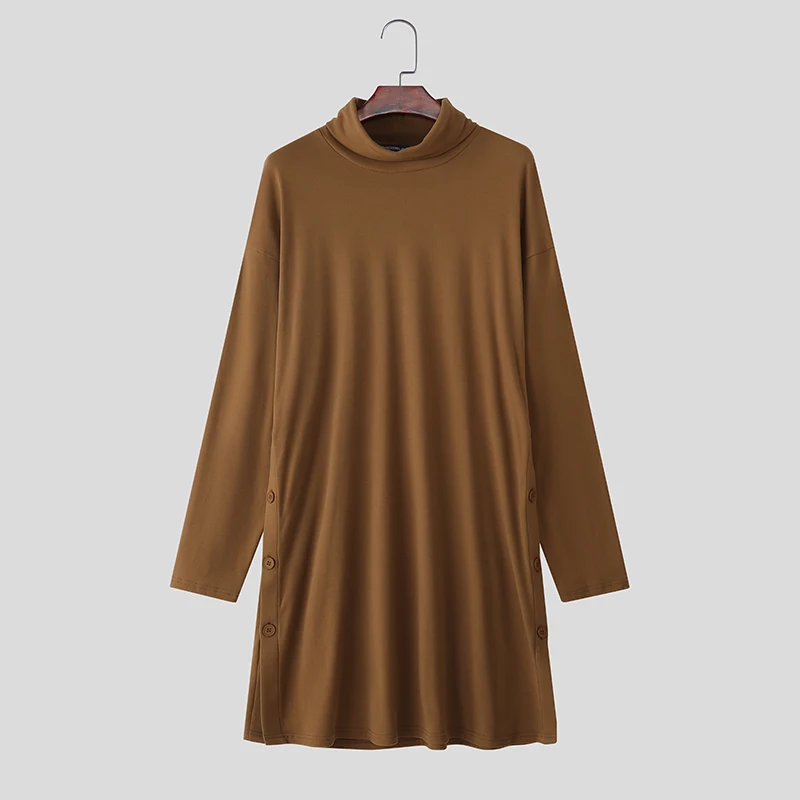 

INCERUN Мужская длинная стильная футболка с воротником и длинным рукавом, однотонные мужские футболки, уличная одежда, 2025 г., модная повседневная мужская одежда