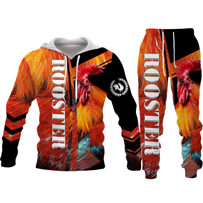 Autumn Winter Men Women Rooster Hoodie Set Fashion Clothing Male Retro Hooded Coat Pullover Casual Tracksuit Stylish Streetwear