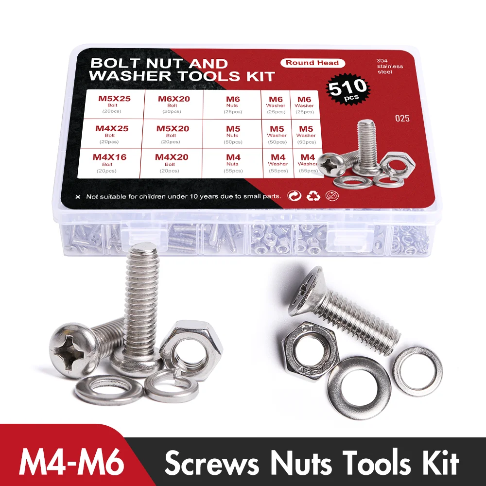 510Pcs Phillips Bolts Nuts Assortment Set M4 M5 M6 Flat Round Head Stainless Steel Countersunk Screws Nut Split Lock Washers Kit