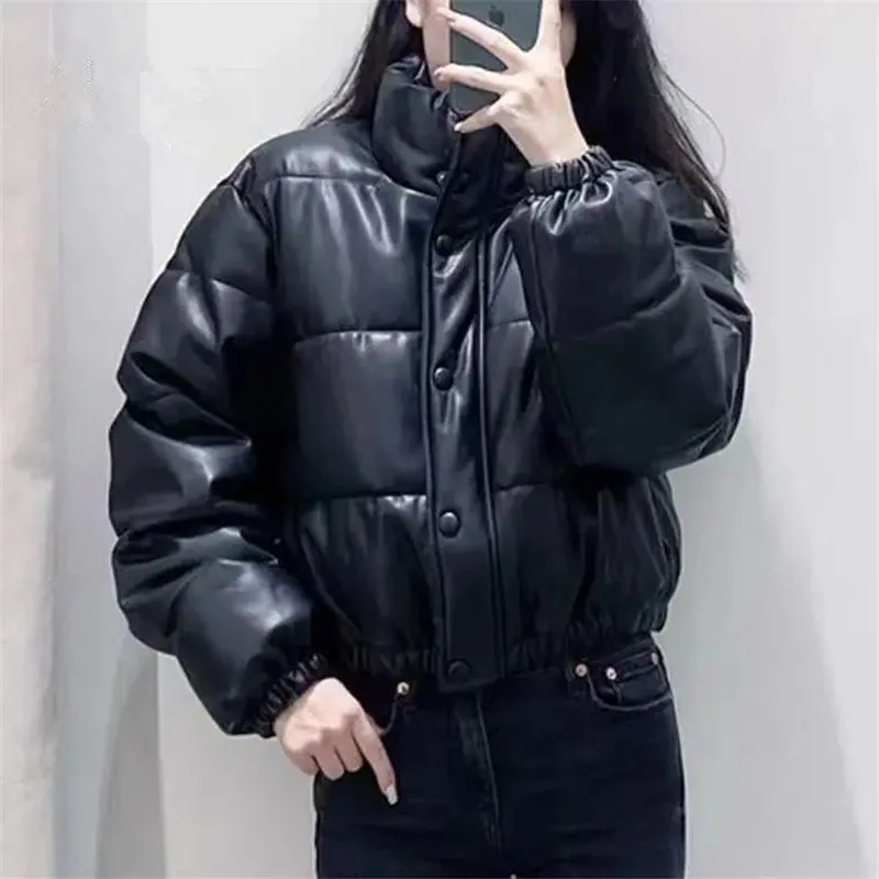 2024 Winter Warm Thick PU Leather Coat Women Short Cotton Jacket Parkas Fashion Cotton Padded Down Jacket Zipper Overcoat