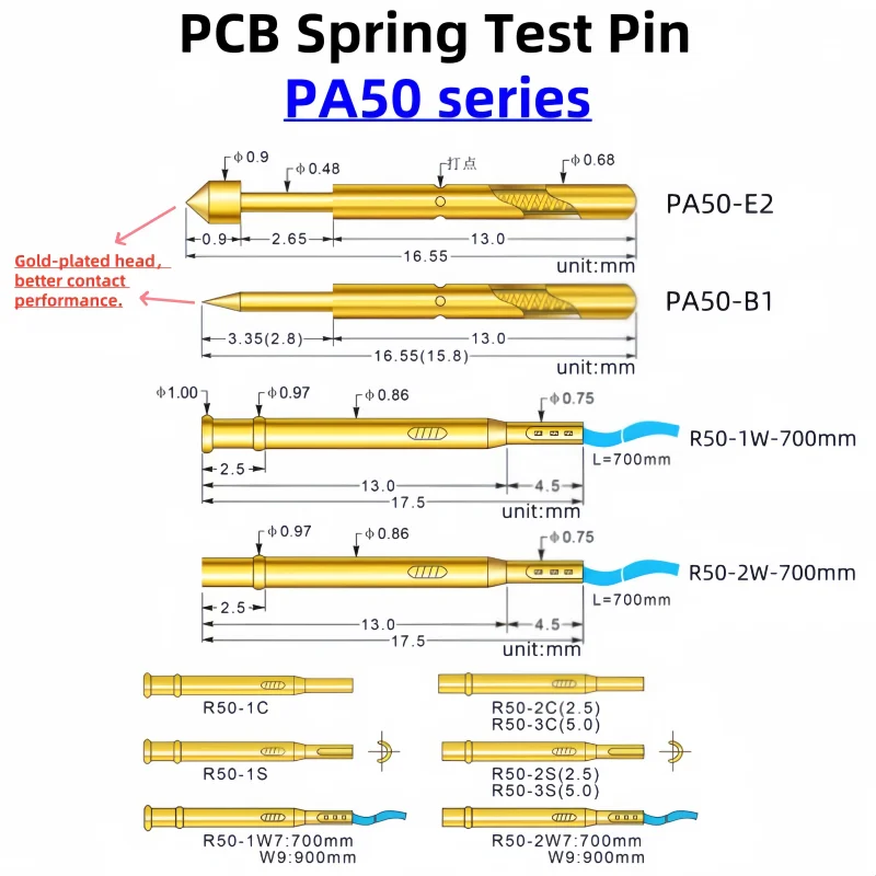 

PA50 Series Gold Plated Brass Spring Test Probe Test Pin Pogo Pin Electric Detection Needle PCB Test PA50-B PA50-B1 0.68mm 17mm