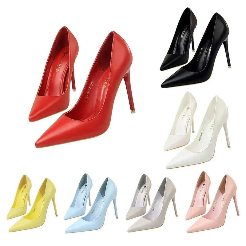 Plus Size 34-43 Woman Classic Concise 7.5cm 10.5cm High Heels Lady Elegant Colorful Pumps Scarpins Yellow Mid Low Heels Shoes