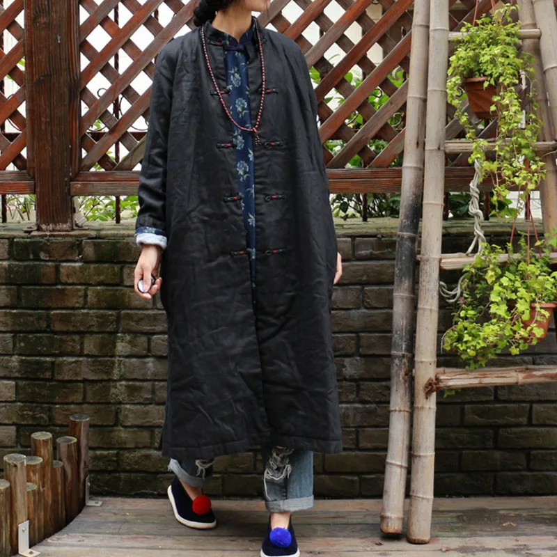 

Chinese Autumn Winter Linen Lightweight Quilted Long Cotton-Padded Coat Tang suit Womens Disk buckle Retro Casual Jacket Black