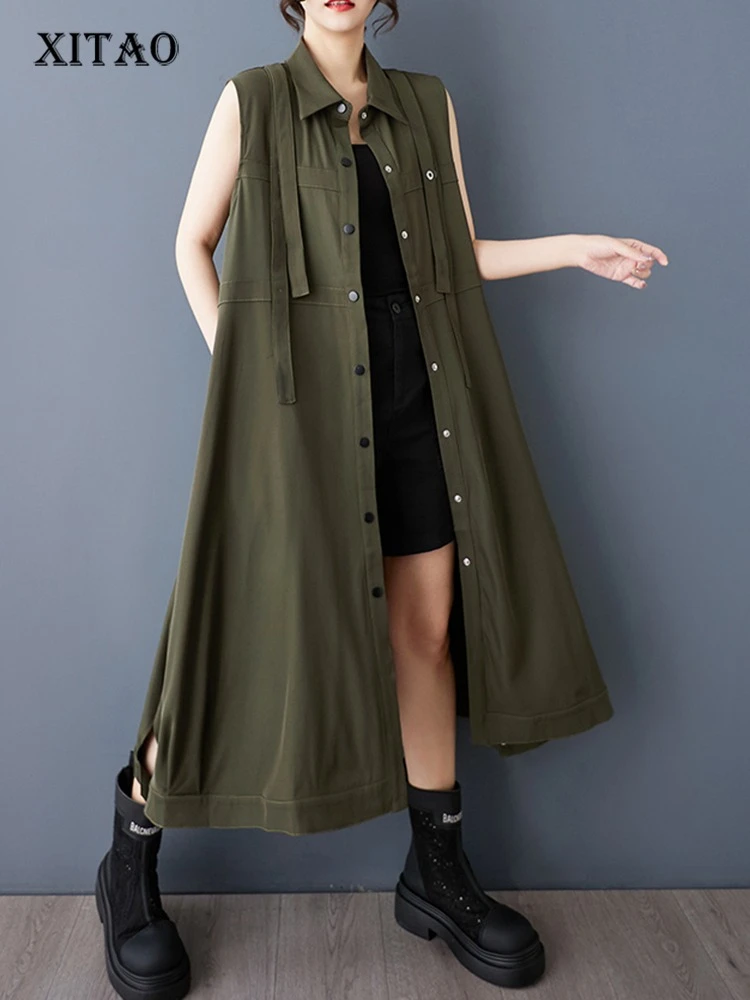 

XITAO Single Breasted Sleeveless Dress Turn-down Collar Casual New Arrival Button Ribbon New Arrival Summer Women Dress ZMY1046