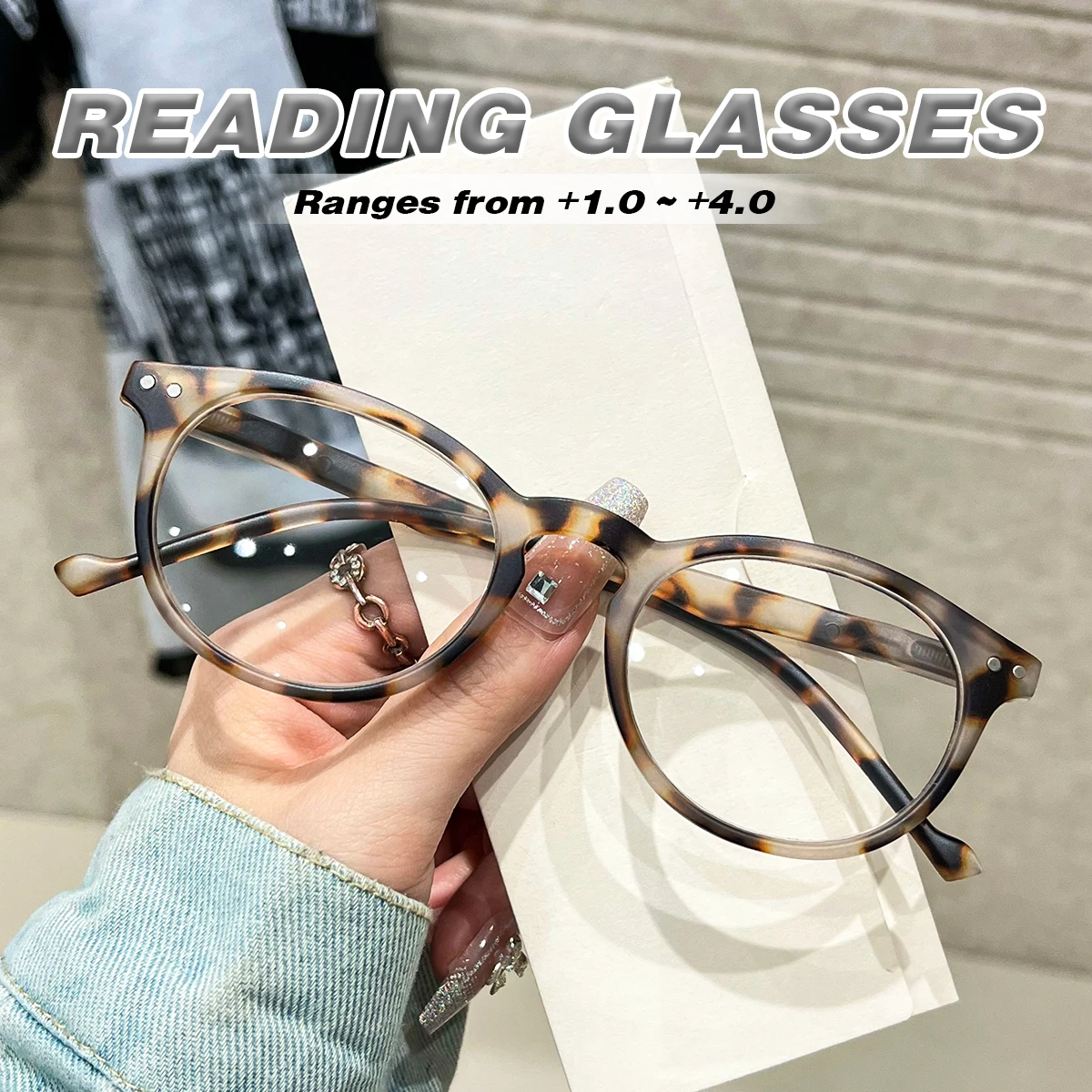 1/2PC Turtle Patterned Round Frame Rivet Decorative Reading Glasses +1.0~+4.0 Full Degree lightweight Resin Frame
