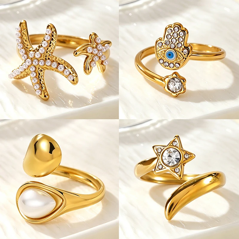 Anéis de Estrela-do-mar com Pérolas de Imitação para Mulheres, Anel de Aço Inoxidável em Formato de Gota, Joias Estéticas à Prova d'Água, Presentes de Moda