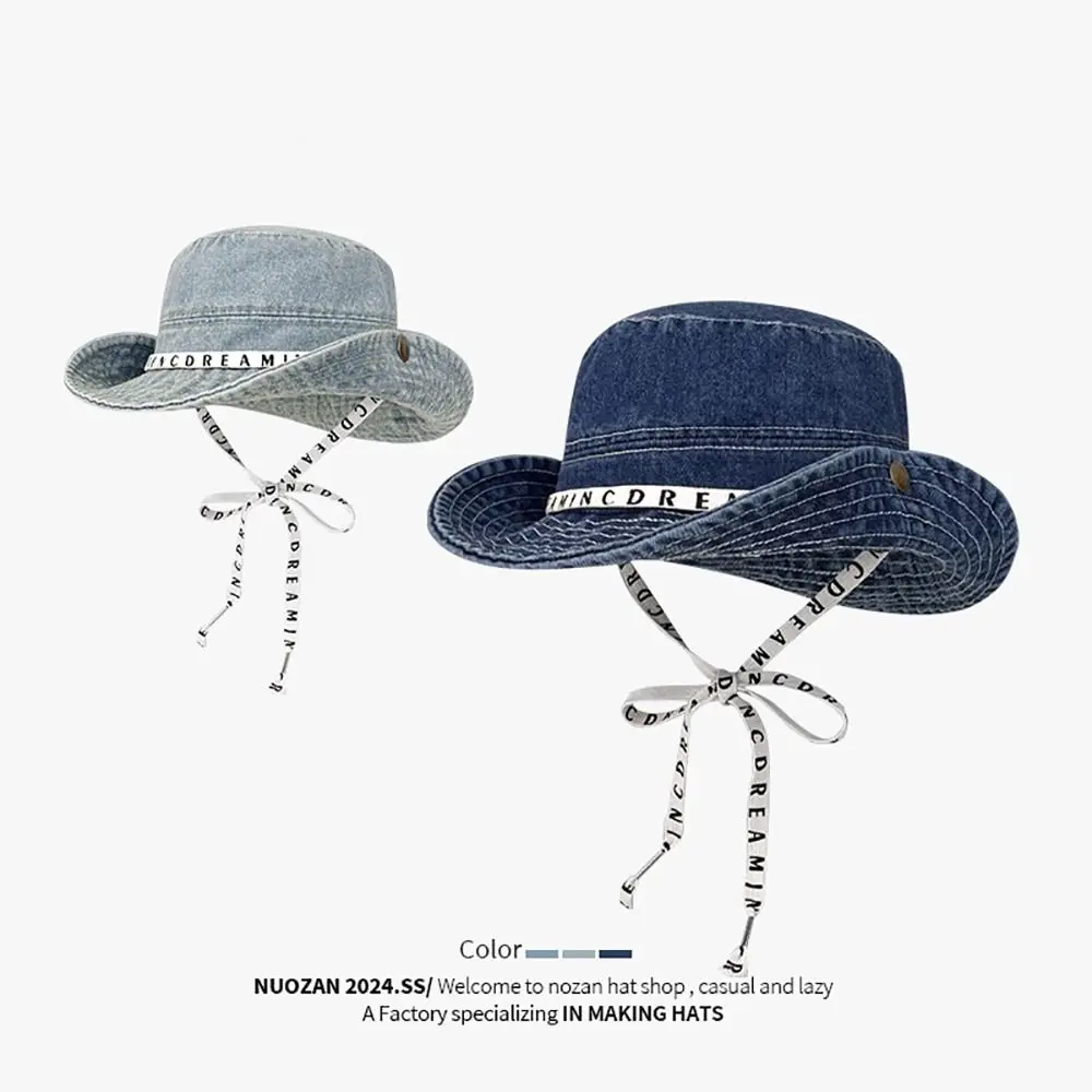 Leisure Face Covering Fisherman Hat Personalized Washed Distressed Sunshade Basin Hat Embroidered Fashionable Denim Hat