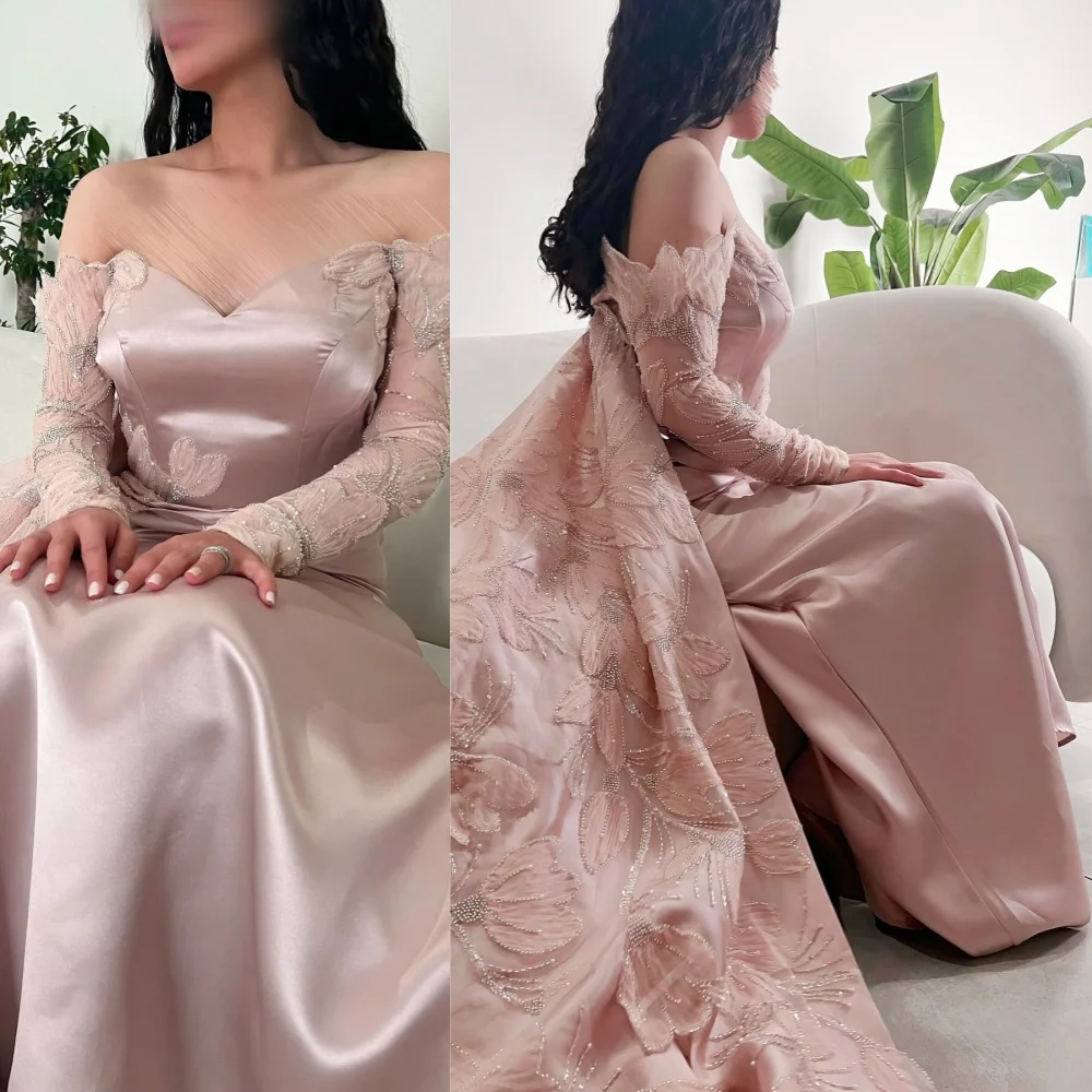 

Satin Beading Draped Engagement A-line Off-the-shoulder Bespoke Occasion Gown Long es Saudi Arabia