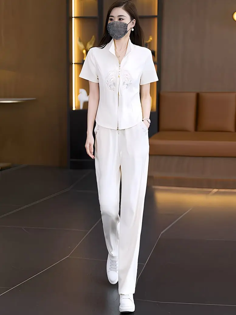 ele-chinese-sle-casual-sports-set-women-summer-slimming-embroidered-top-wide-leg-pants-two-piece-set-zipper-closure