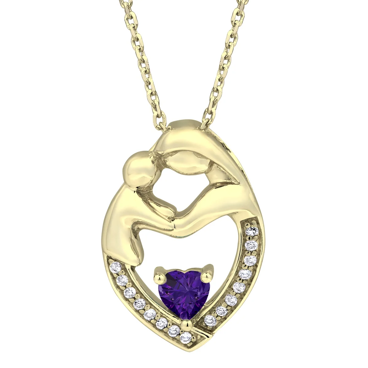 

MotherChild Love Heart Necklace Mom Daughter Birthstone Amethyst Hugging Figure Diamond Accent Dainty Chain Jewelry Gift for Her