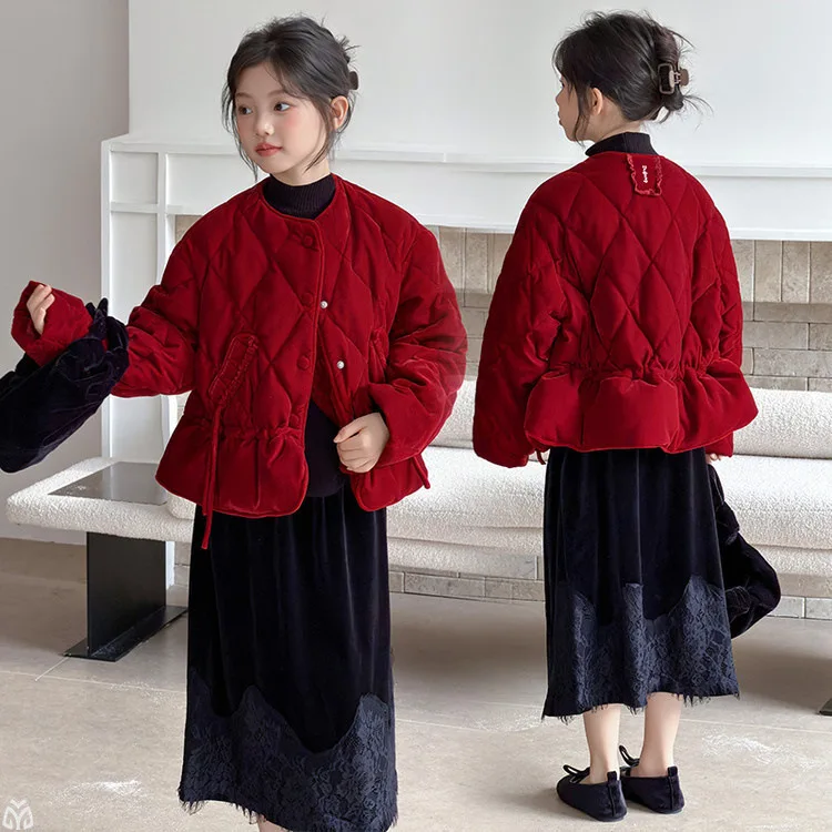 

French red teen girls thick cotton coat junior kid Round neck warm velvet jacket child Parkas overcoat Velvet lace long skirt 14
