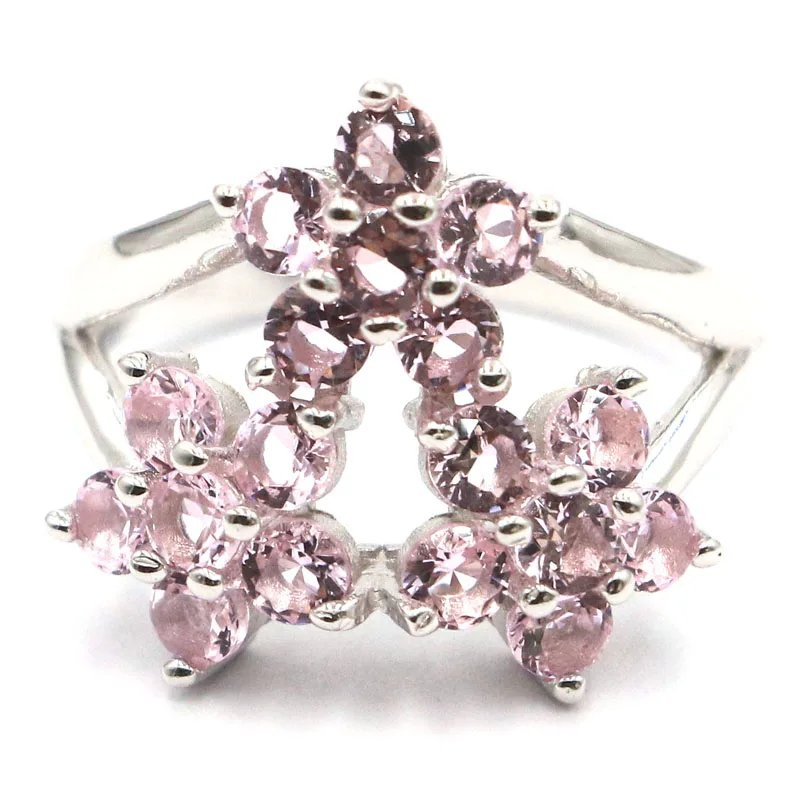 18x18mm Romantic Flower Shape 4.7g Pink Kunzite Females Daily Wear 925 Solid Sterling Silver Rings