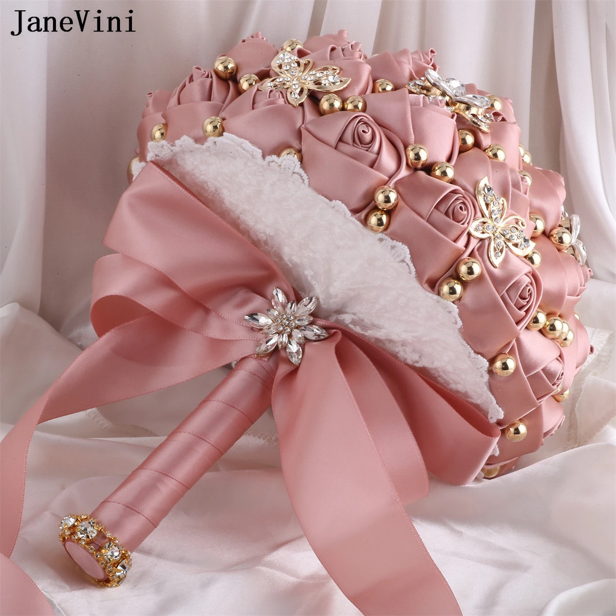 JaneVini-broche de novia con diamantes ostentosos, ramos de flores de boda Rosa polvoriento, ramo de rosas artificiales de satén, Fleurs Luxe