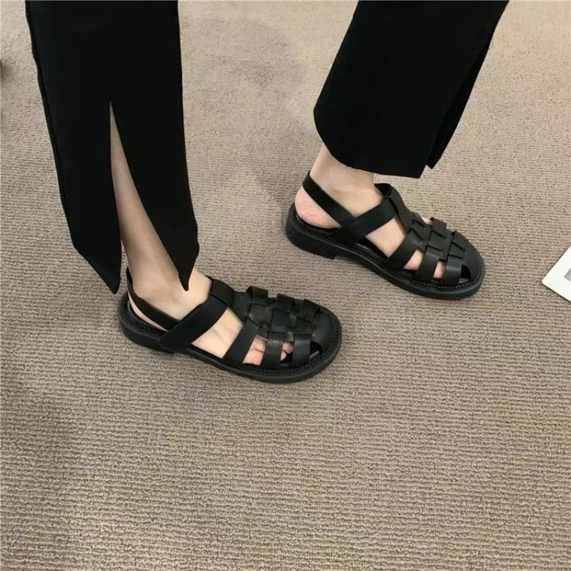 Hollow Woven Sandals Women Summer New Casual Flat Bottom Roman Solid Colour Shoes Lightweight Casual Round Head Slippers