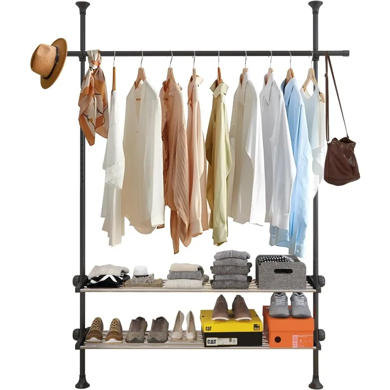 

Adjustable Garment Rack, Floor to Ceiling Freestanding 3 Tiers Garment Rack for Hanging Clothes with Shelves