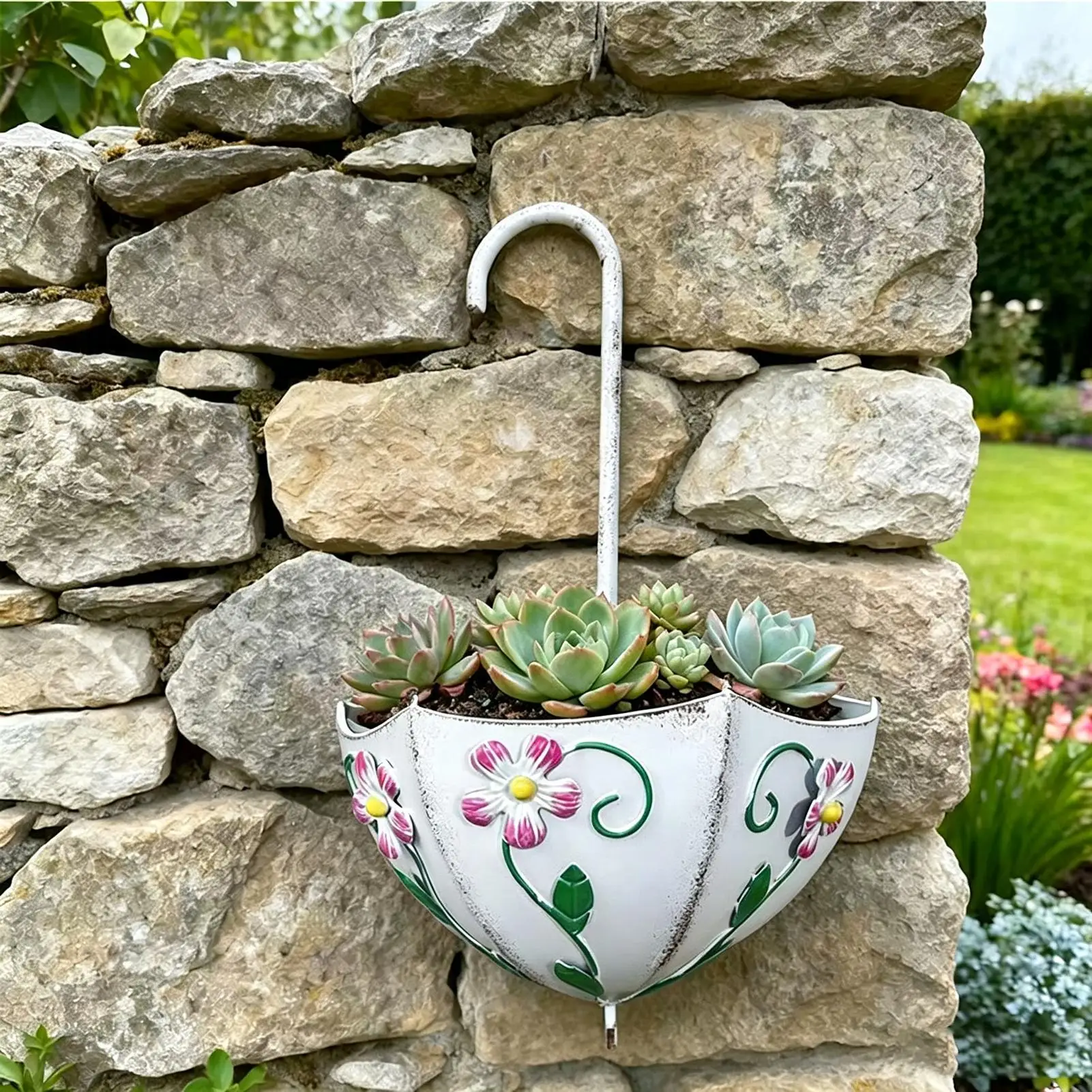 Hanging Planter Outdoor Iron Art Umbrella Shaped No-Drill Indoor Wall Planter for Garden Courtyard Balcony Porch Park Entryway