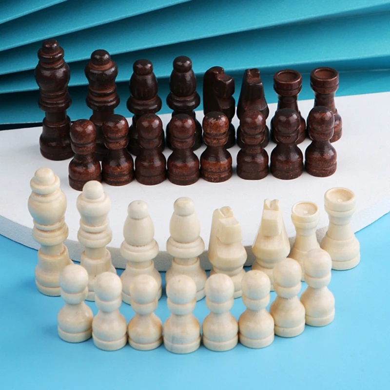 32 Pcs Wooden Chess Pieces Portable International Chess Pieces Tournament Chess Figures Hand Carved Chessmen for Adult Kids