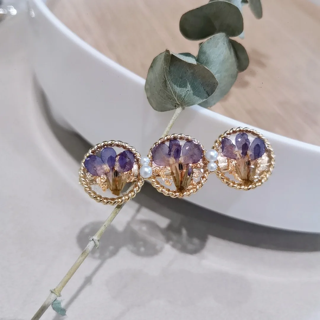 3172 Wholesale 1/5/10pcs Crystal Resin Plant Dried Flower Specimen Hair Duckbill Clip Artistic Style Pearl Edge Clip Unique Gift
