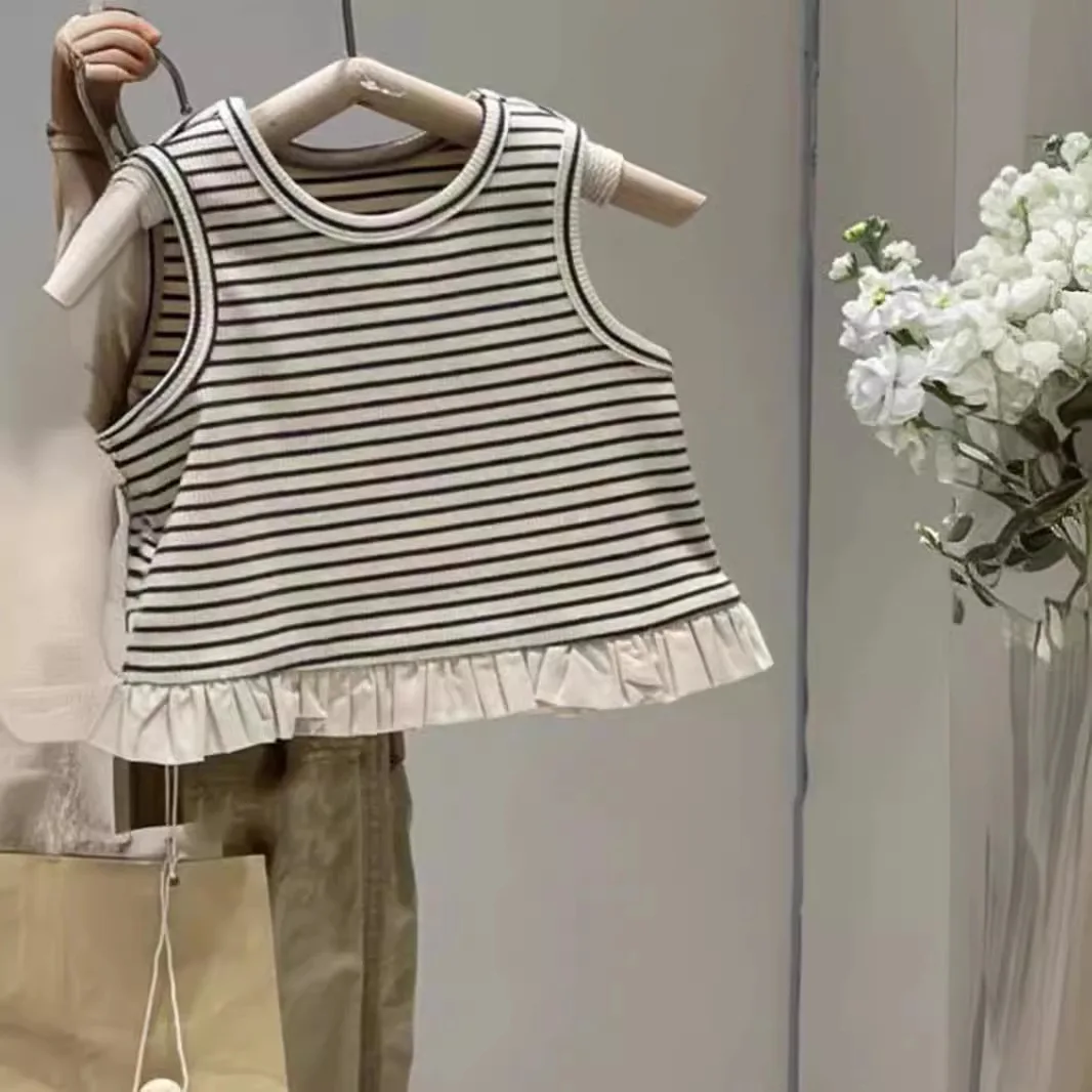 New Children's Fashion Striped Vest for Girls' Summer Clothing Set Worn Outside with Baby Mosquito Repellent Pants Kids Outfits