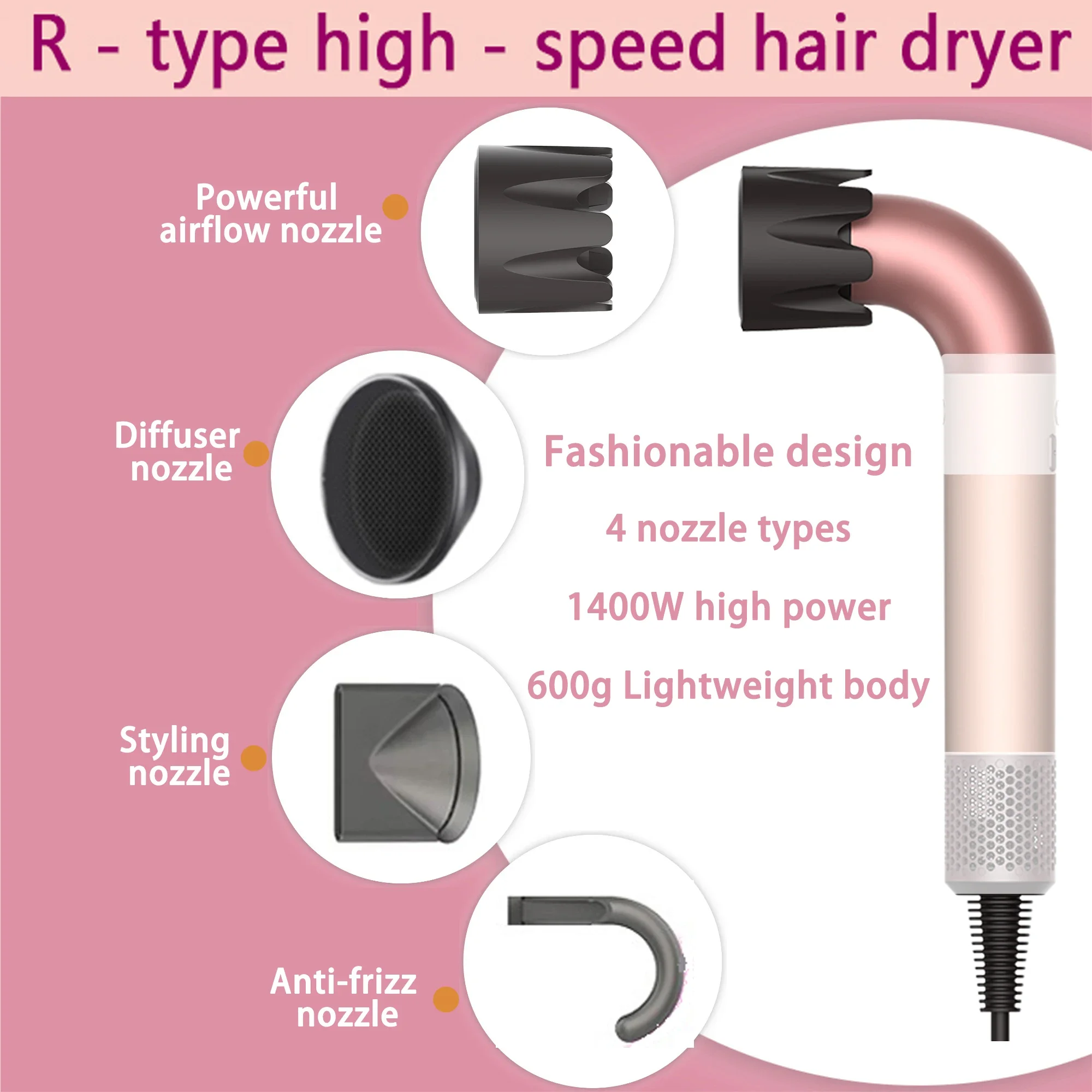 1400wハイパワーヘアドライヤー、速乾性、軽量ボディ、低騒音、複数のエアノズルタイプで素早いヘアスタイリングを実現