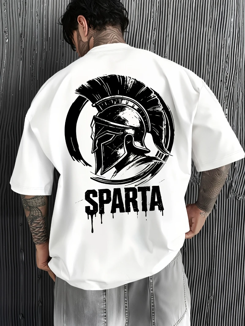 Men's Summer Streetwear Spartan Warrior Spirit Knight Helmet Graphic T-Shirt - Men's Essential Trendy Plus Size Short Sleeve Top