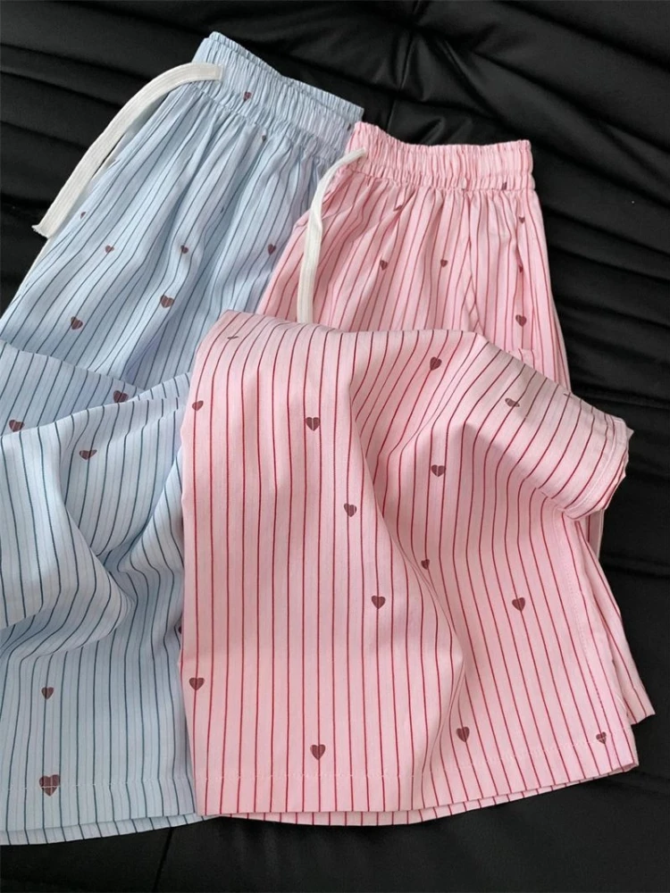 

Woman's Striped Heart Print Pajama Pants - Elastic Waist Drawstring Loose Wide Leg Sleepwear Soft Nightwear Summer Loungewear