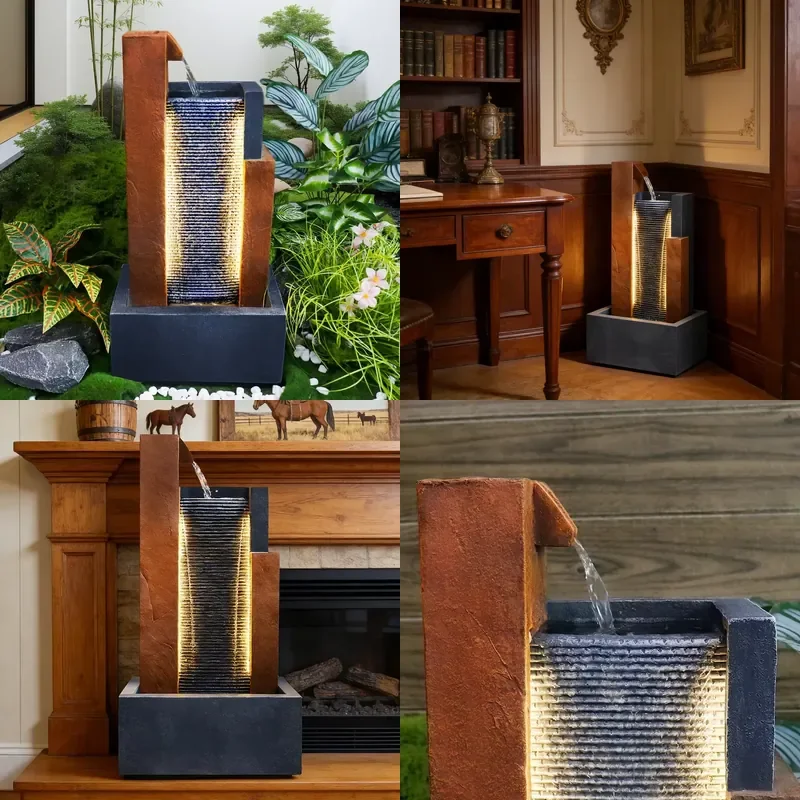 LED-Lit Modern Waterfall Resin Fountain - Contemporary Indoor Decor, Illuminated Water Feature for Patio & Backyard Zen