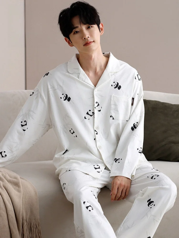 純綿長袖パジャマ男性用春秋ホーム服キャットマンシャオパンダカジュアルスタイルプリント快適なソフト