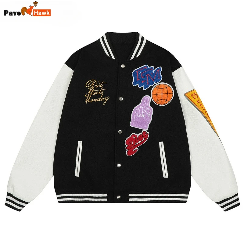 

Winter Thicken Baseball Jacket Men Hip Hop Retro Flocking Embroidey Loose Jackets Women Patchwork Loose Bomber Uniform Coat New