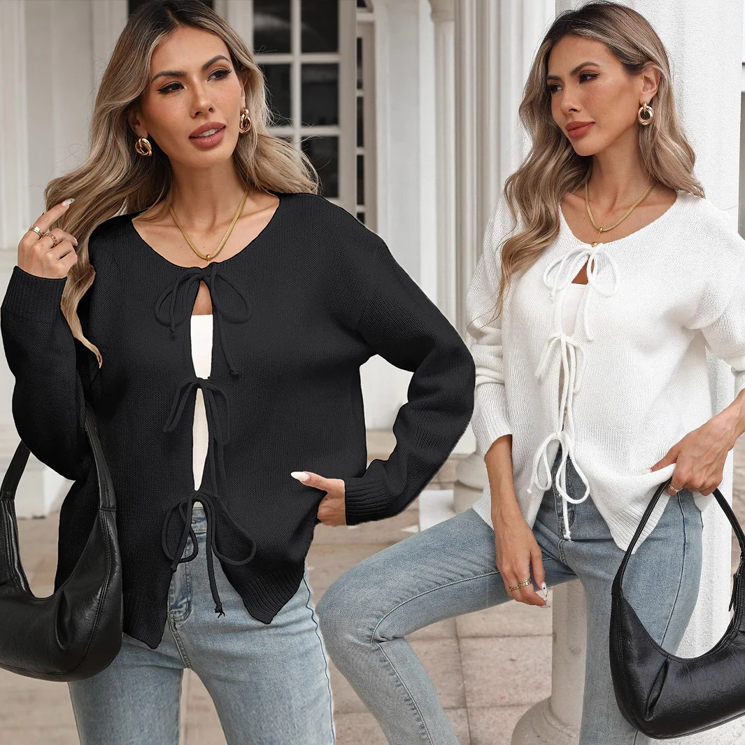 Damen-Strickpullover, Mantel, lässig, rund, mit Knoten, Krawatte, Oberbekleidung, offene Strickjacke, weiches Lammsamtmaterial, chinesischer Pr...