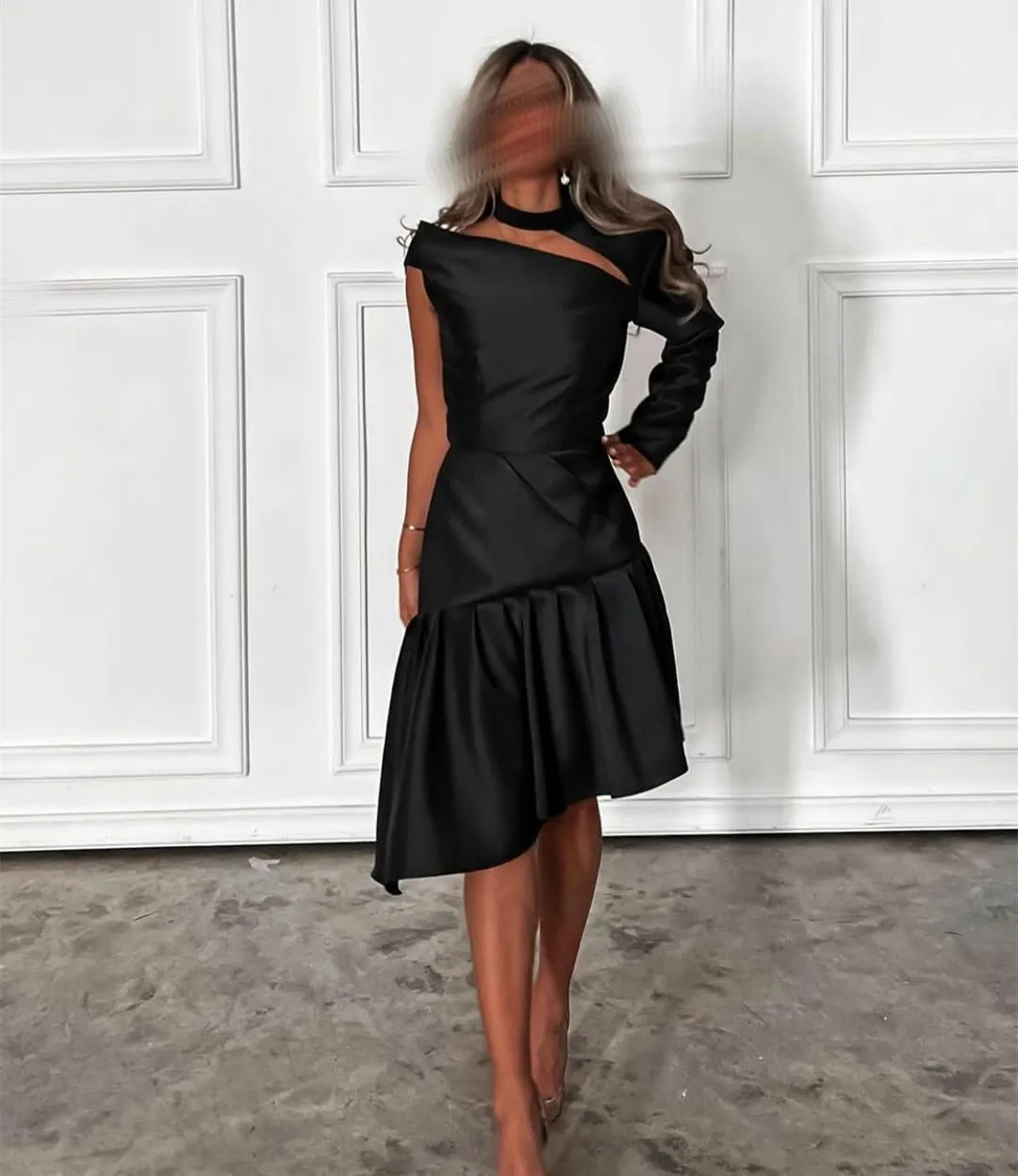 Personalizado curto cetim babados vestidos de noite preto um ombro chá comprimento robes de soirée formal vestido de festa para mulher