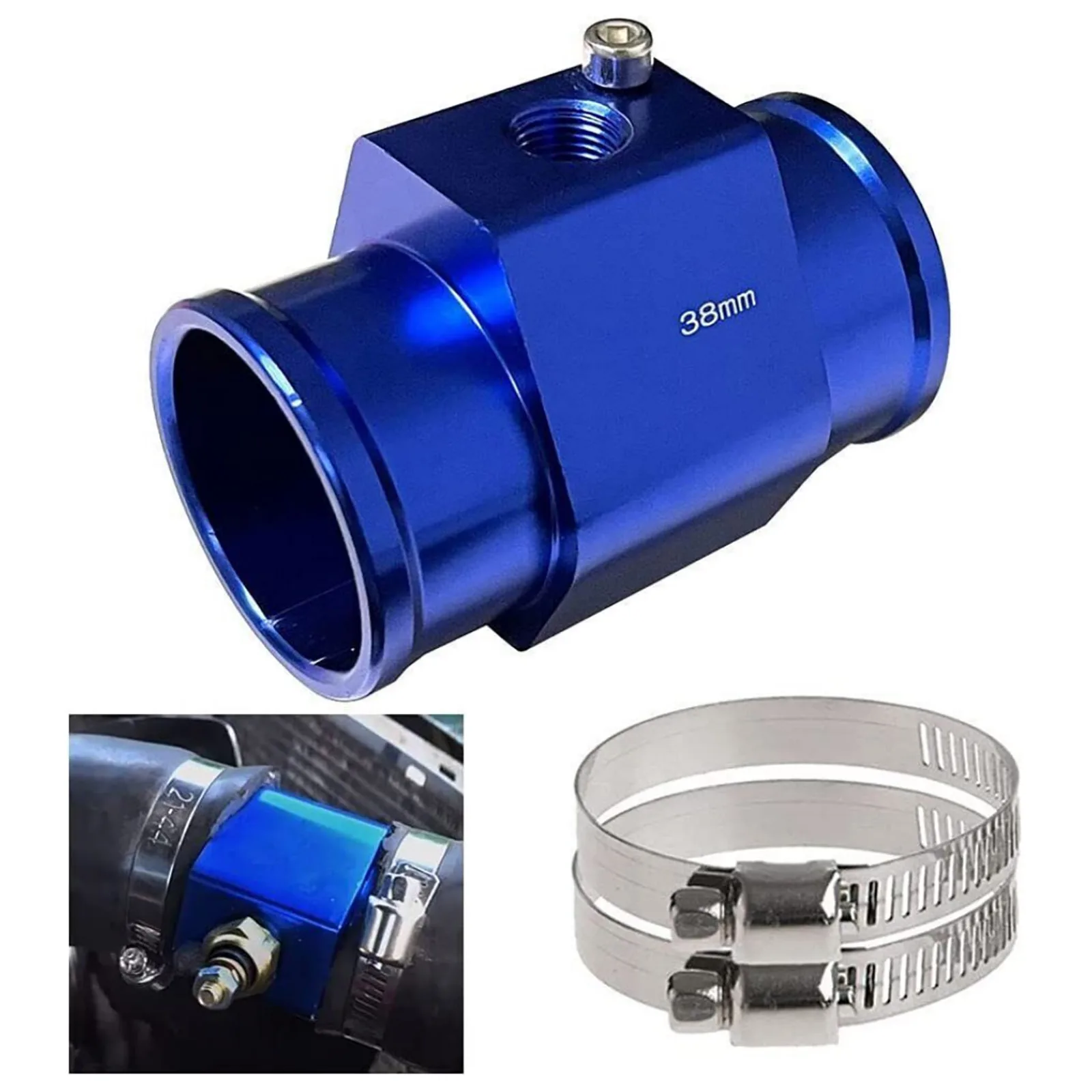

Universal Aluminum Coolant Hose Adapter 1.5in ID, Blue Anodized Water Neck with 1/8 NPT Thread for Temperature Gauge Sensor Kit