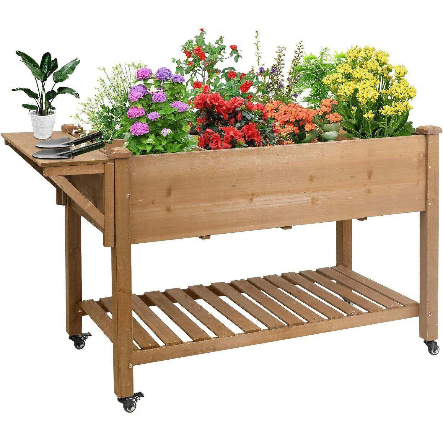 2026 Hot Sale Foldable 8-Pocket Bamboo Wood Planter Box Stand Rack Elevated Outdoor Raised Garden Bed with Leg Vegetables Flower
