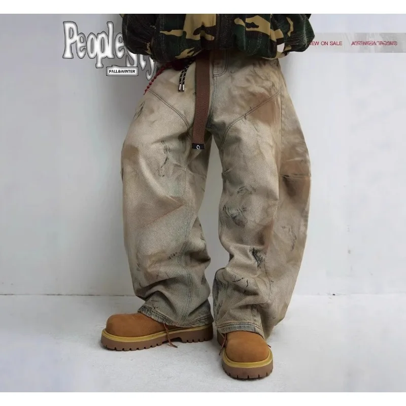 

2026 New Men's Mud Dyed Baggy Wide Leg Jeans American Vintage Washed Patchwork Y2k Streetwear High Street Hip Hop Denim Pants