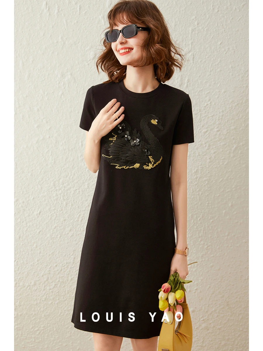 LOUIS YAO Women T-shirt Dress 3D Embroidery Swan Casual Straight Loose Fit Round Neck Short Sleeve Mid Length Dress