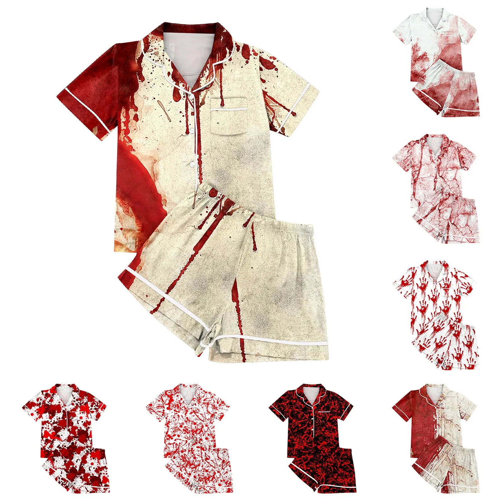 Women\'s Halloween Blood Printed Pajama Set With Short Sleeved Top And Shorts Summer Tie Dye Fashion Comfortable Sleepwear Set