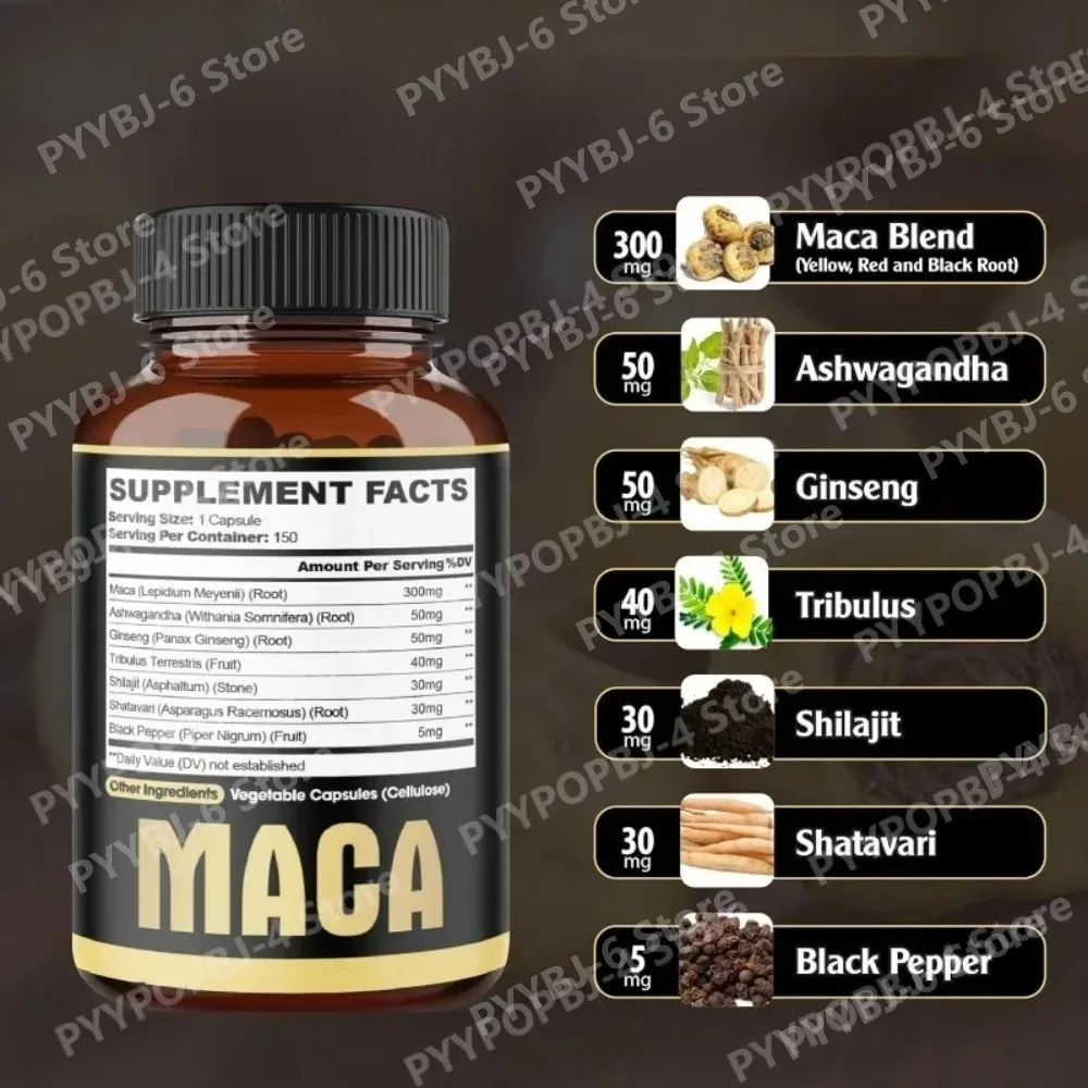 Maca Root Capsules 7in1 with Ashwagandha Ginseng Tribulus Shilajit Black Pepper Energy Mood Performance Immune Support 150 Caps